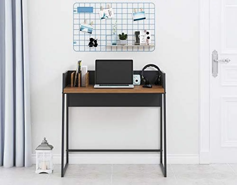 Small Computer Desk With Hutch 35 Inches,Home Office Writing Desk With Hutch For Small Spaces, Walnut Finish