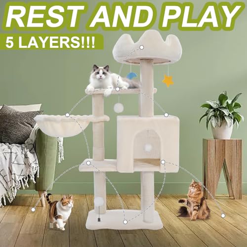 Cat Tree Tower with Metal Frame Hammock, 40'' Cat Trees for Indoor Cats Large Adult, Cat Towers with Scratching Post, Cats Condo Furniture with Cloud Top Perch, Cats Climbing Tower for Kittens(White)