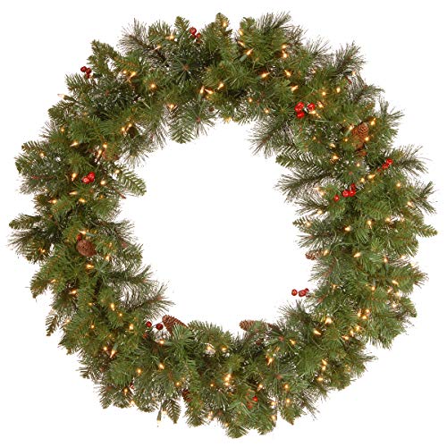 National Tree Company 30 in Pre-Lit Crestwood Spruce Artificial Christmas Wreath, Christmas Decoration with Glitter, Pinecones, Red Berries, 70 Clear Lights, 200 Tips, Green