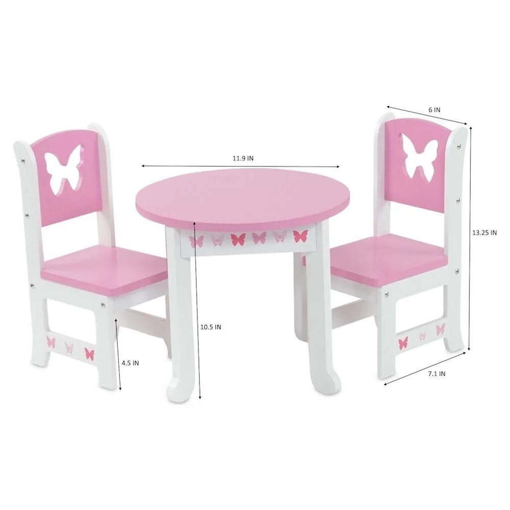 Emily Rose 18 Inch Doll Table and 4 Chairs Kitchen Furniture Set | Lovely Pink and White Table and 4 Chair Value Pack Doll Dining Set with Beautiful Butterfly Motif | Fits American Girl Dolls