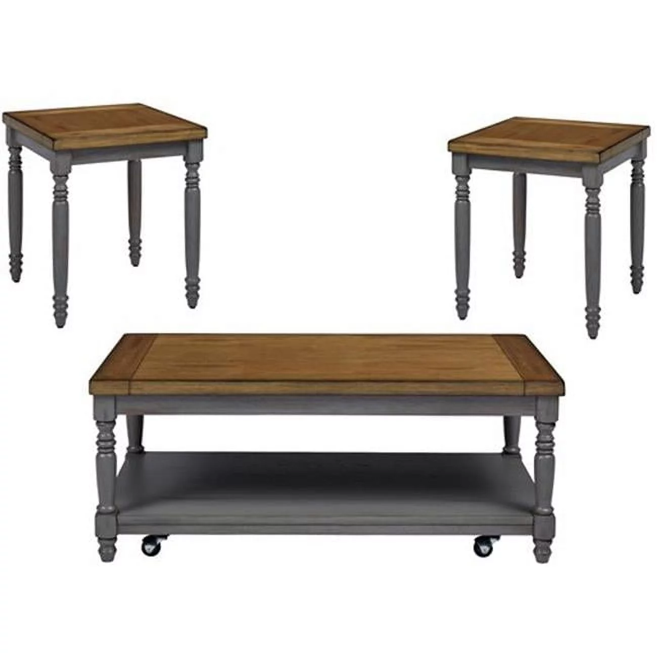 Living Room Cocktail Table & 2 End Tables, Oak & Brushed Gray - Pack of 3