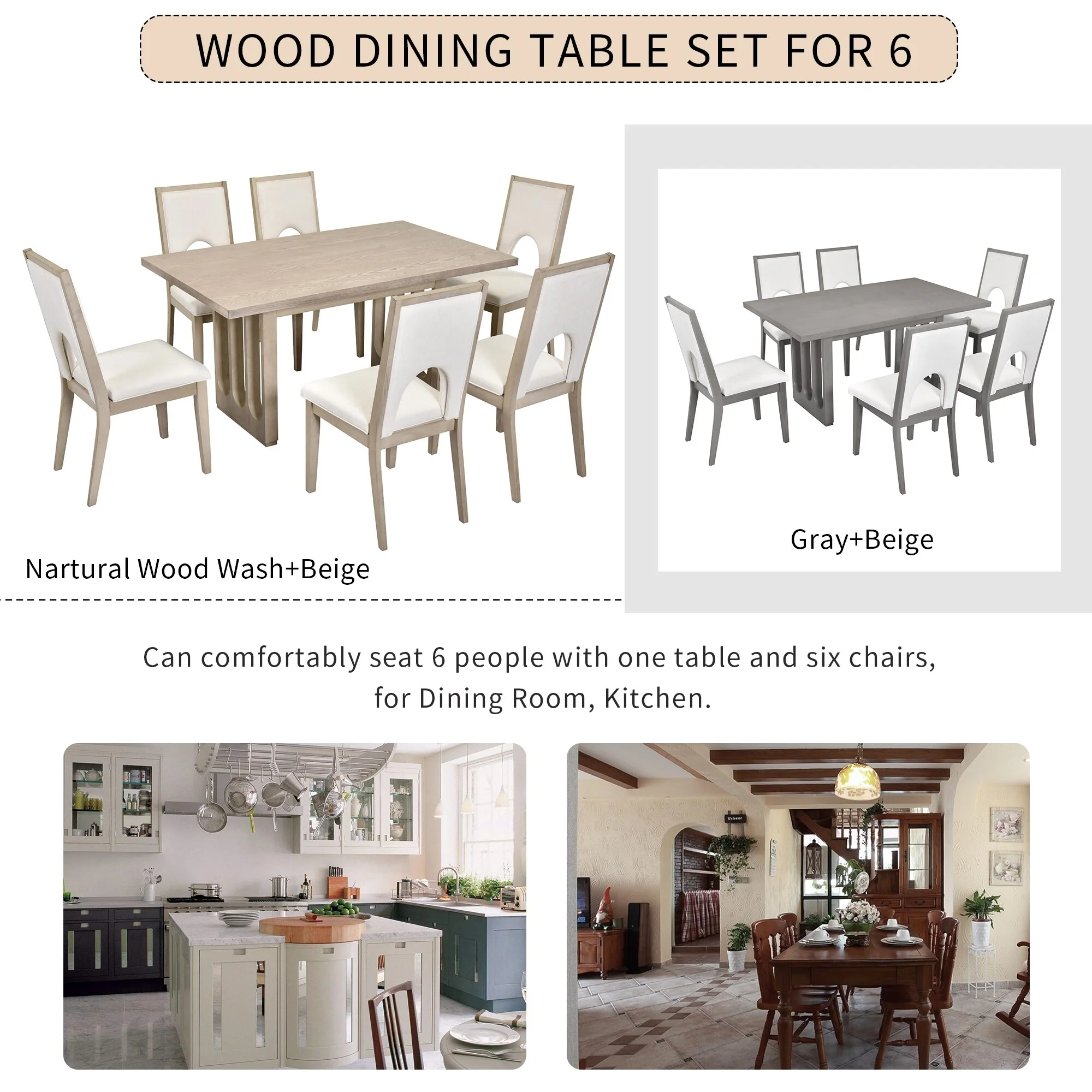 Natural Wood Wash 7-Piece Dining Table Set with 6 Upholstered Chairs