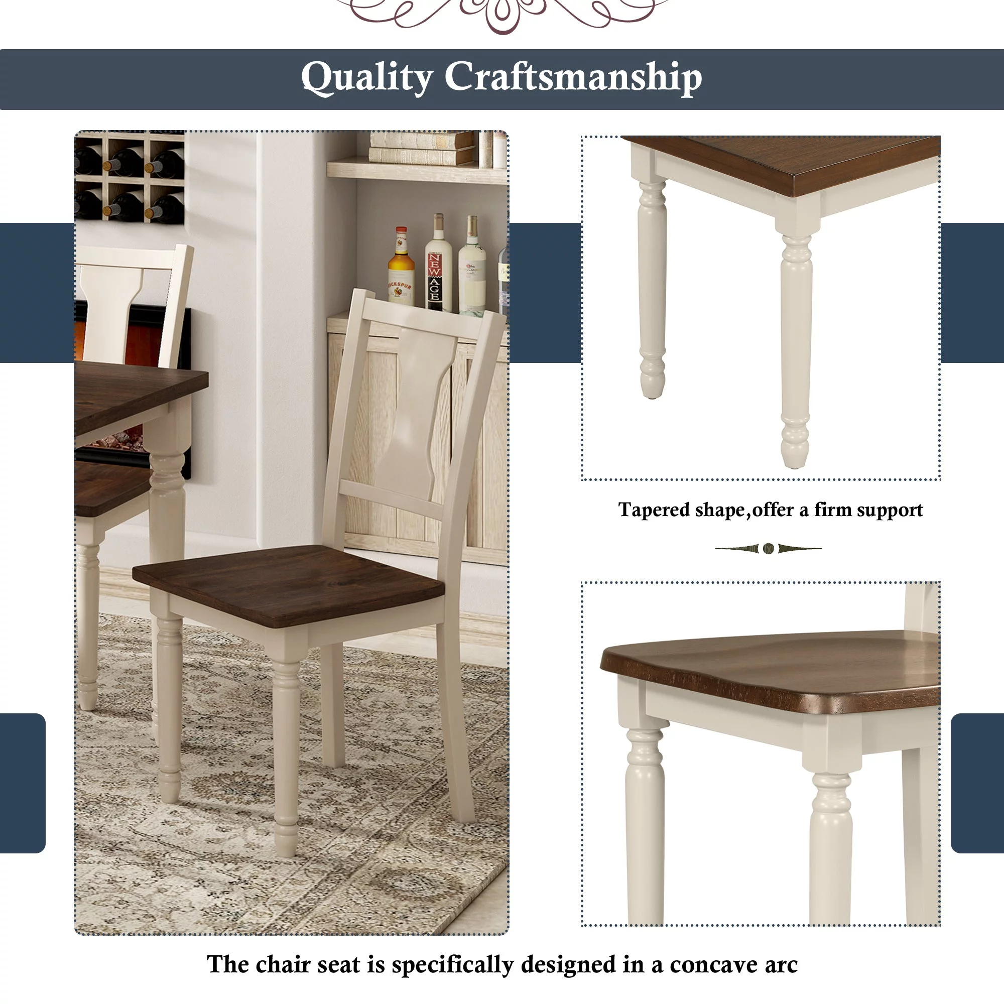 Trey 6pc Dining Set Wooden Table 4x Side Chairs And Bench - Brown+White