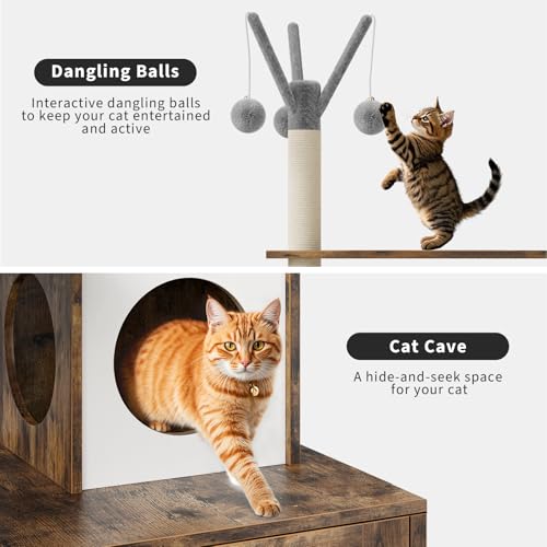 57.5-Inch Cat Tree with Litter Box Enclosure 2-in-1 Modern Cat Tower with Cat Condo/Hammock/Scratching Post/Plush Perch/Removable Pompom Sticks/Caves, Wooden Hidden Litter Box Furniture, Oak Brown