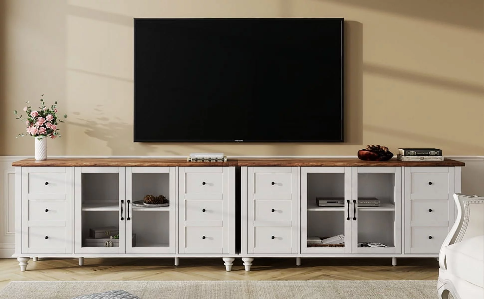 WAMPAT Glass Door Farmhouse TV Stand for TVs Up to 110 inch, Glass and Wood Universal TV Stand,White Entertainment Center for 85-110 inch TV Console Table，White&Oak