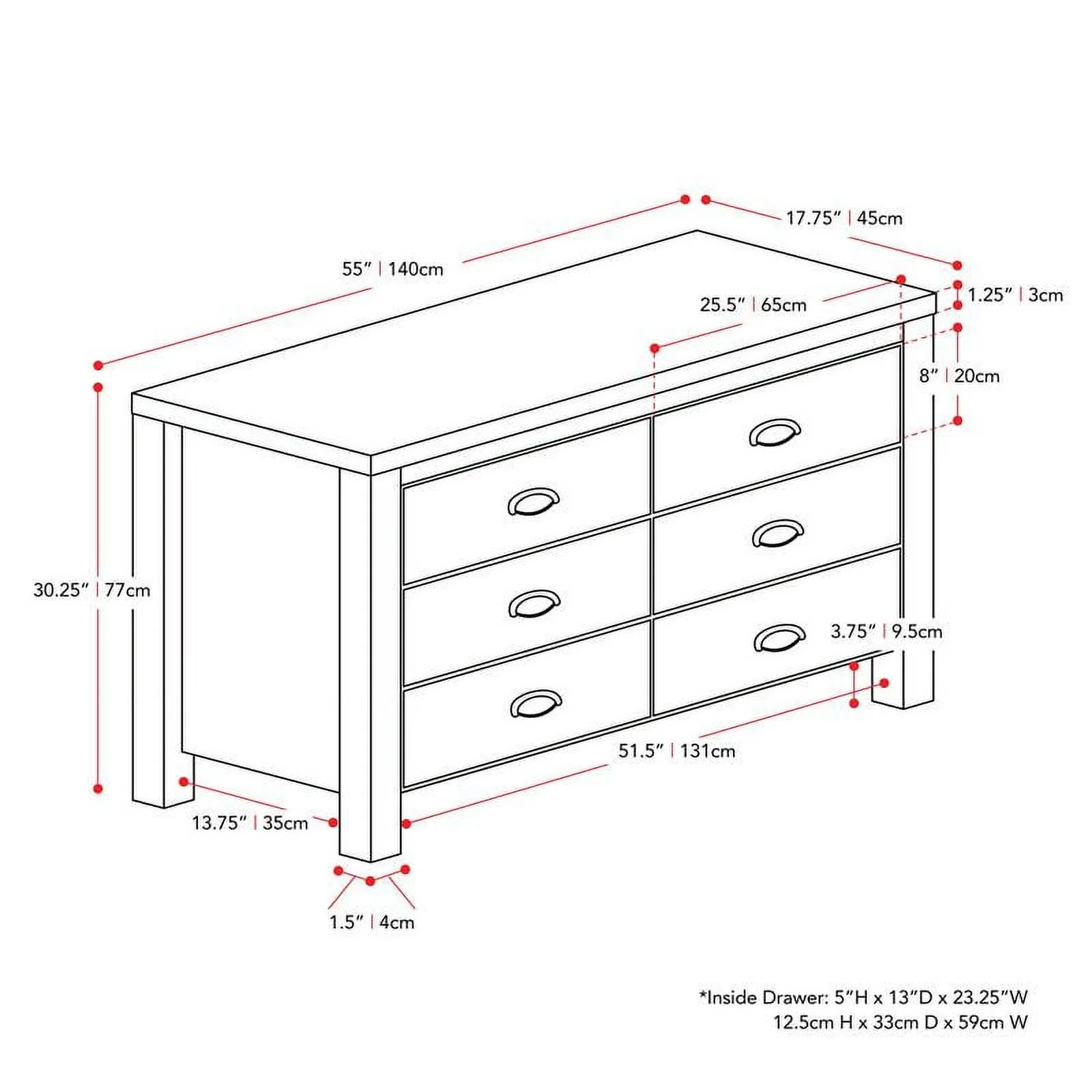 Boston White Engineered Wood Grain Finish 6 Drawer Wide Dresser