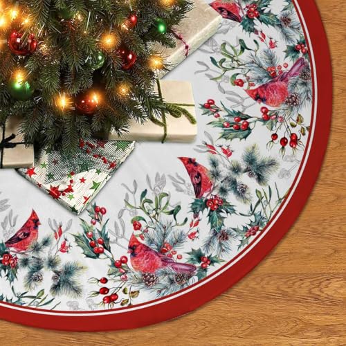 Christmas Tree Skirt 36Inches Winter Cardinal Birds Xmas Tree Skirt, Red Poinsettia Floral Holly Leaves Christmas Tree Mat for Home Party Holiday Indoor Outdoor Decorations (White, 36in)