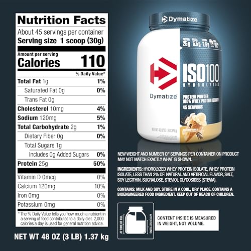 Dymatize ISO100 Whey Protein Powder Isolate, Cookies & Cream, 25g of Protein, 20 Servings, 5.5g BCAAs, Less Than 120 Cal., Gluten Free, 1g Fat, 1g Sugar, 2g Carb