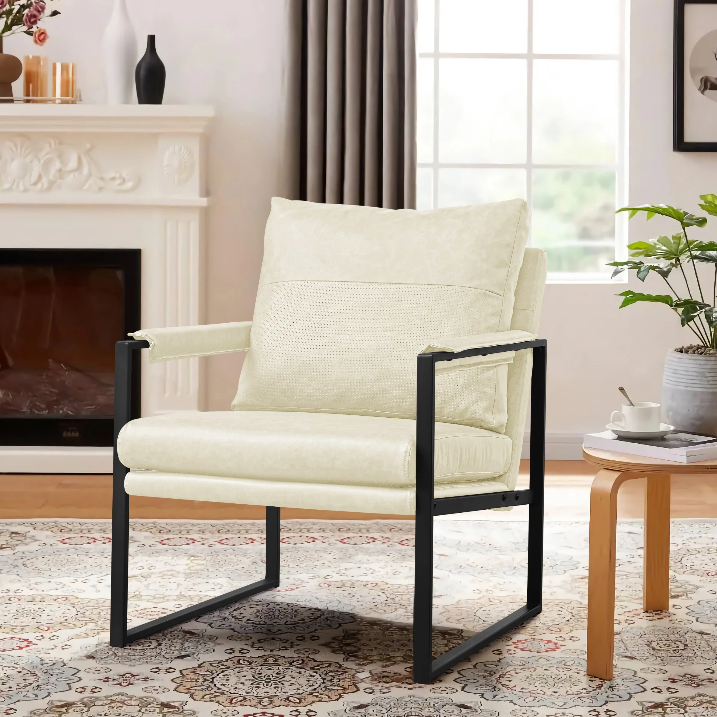 Subrtex Metal Frame Accent Chair Faux Leather (1 Pack, White)