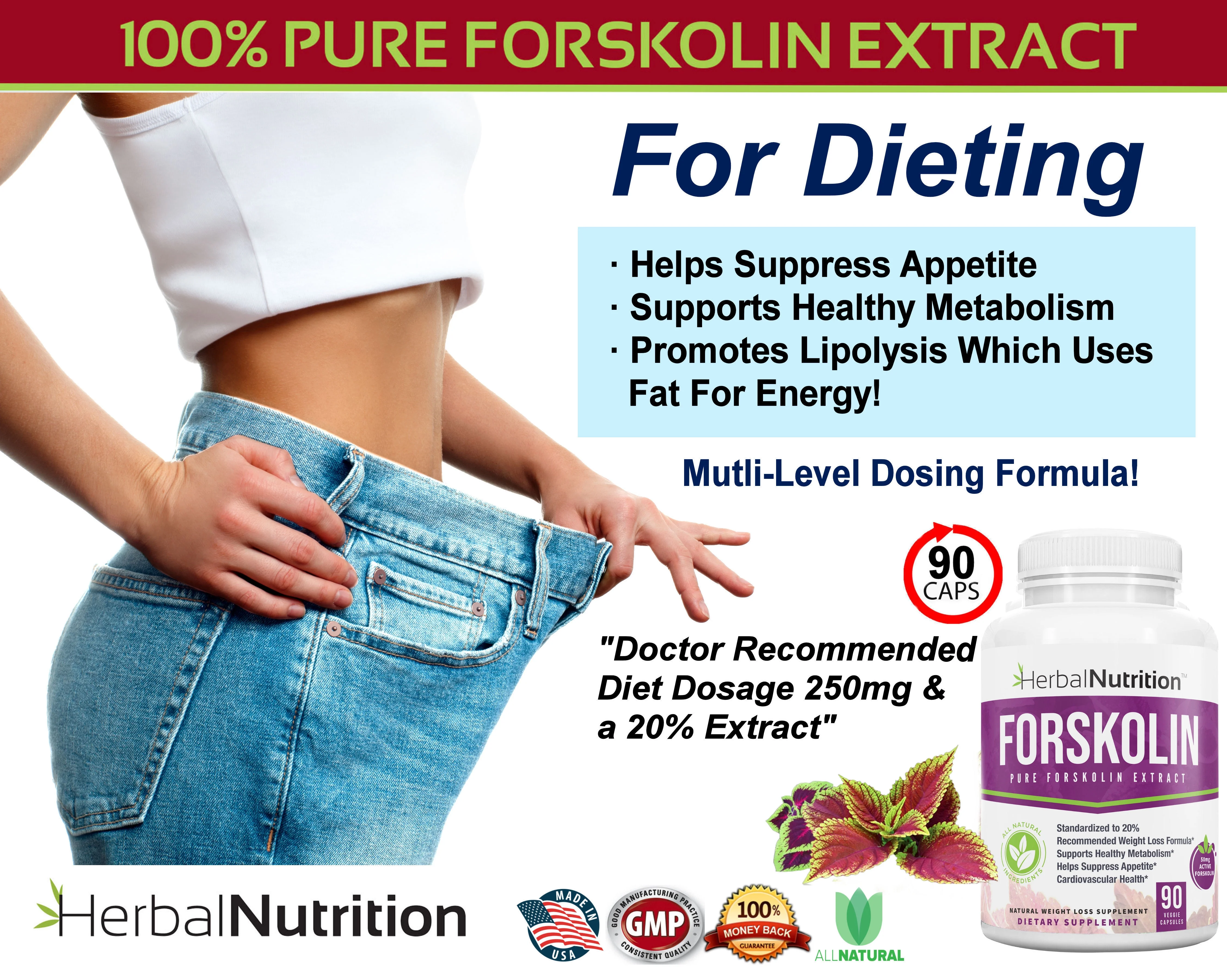 Herbal Nutrition Pure Forskolin Extract Weight Loss Supplement, 90 Capsules