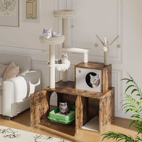Litter Box Enclosure with Cat Tree Tower and Condo,Hidden Pet Washroom Furniture with Sisal Scratching Post,Hammocks,Condo,Multiple Platform,Soft Plush Perch,Wooden Cat Furniture,Rustic Brown