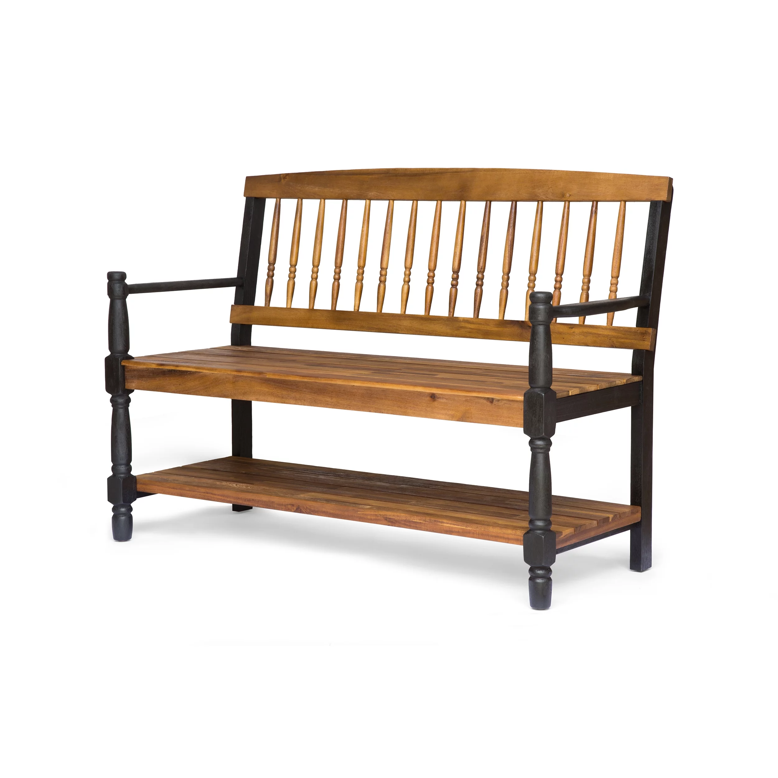 Eddie Rustic Acacia Wood Bench with Shelf, Teak and Black