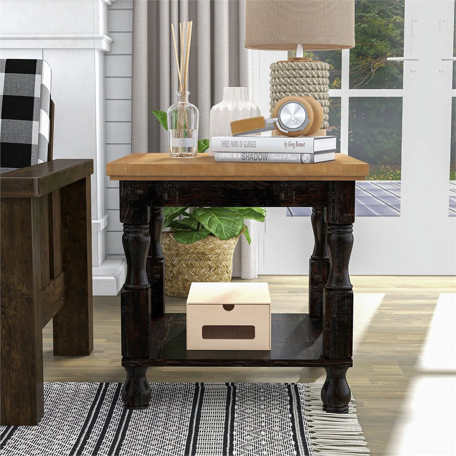Furniture of America Neli Rustic Solid Wood 1-Shelf End Table in Black and Oak