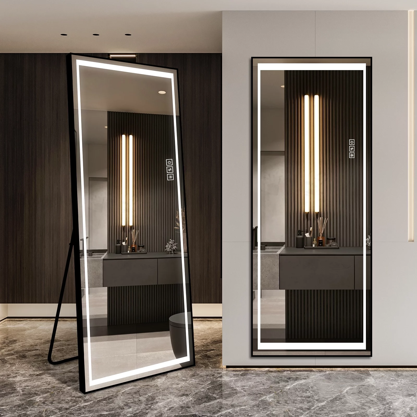 LAIYA LED Aluminum Full Body Rectangular Mirror Large Size Floor Mirror With Bracket Touch Button Furniture Decoration Mirror (65