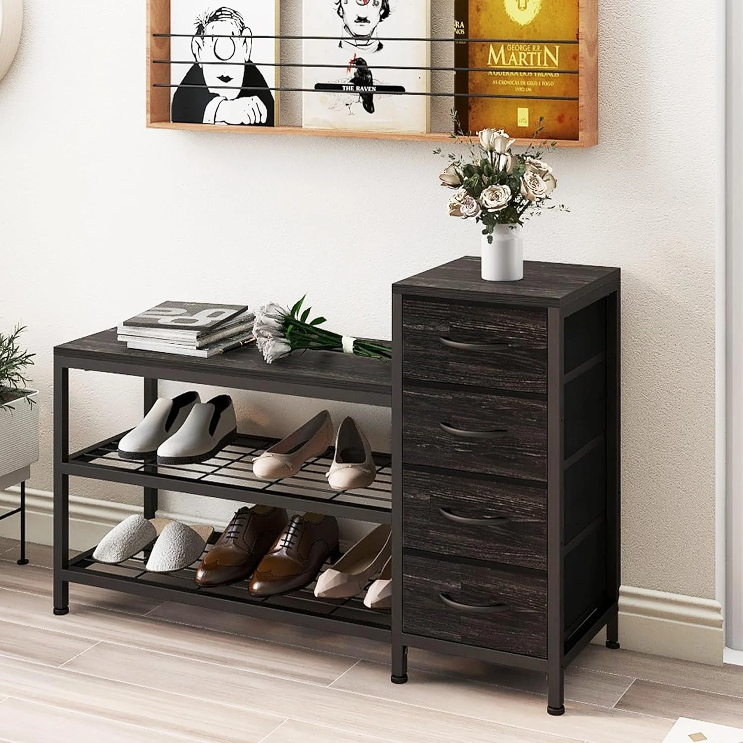 LIHONG 3 Tier Entryway Bench Shoe Storage Bench with 4 Fabric Drawers Metal Frame and Wooden Board Shoe Rack Bench with Seat for Entryway Hallway Front Door Doorway