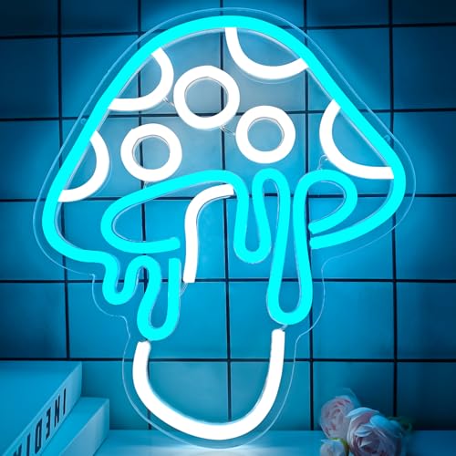 Mushroom Neon Sign Dimmable Led Light Cute Mushroom Night Light 3d Wall Art Signs For Wall Game Room Bedroom Decor Holiday Gift For Children Kids Girl (Ice Blue)