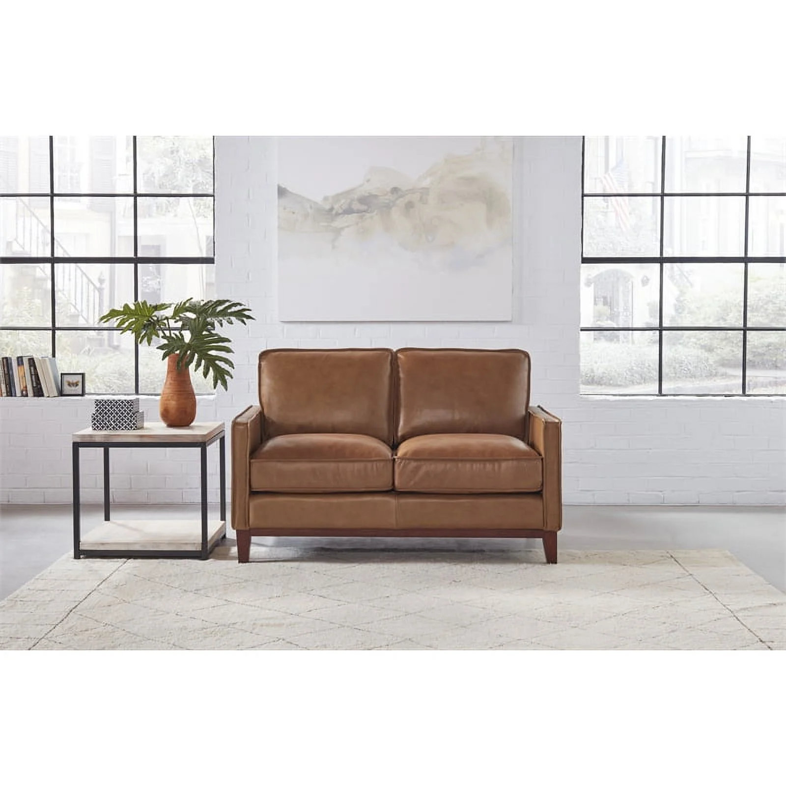 Bowery Hill Contemporary Geuine Leather Loveseat in Camel Brown