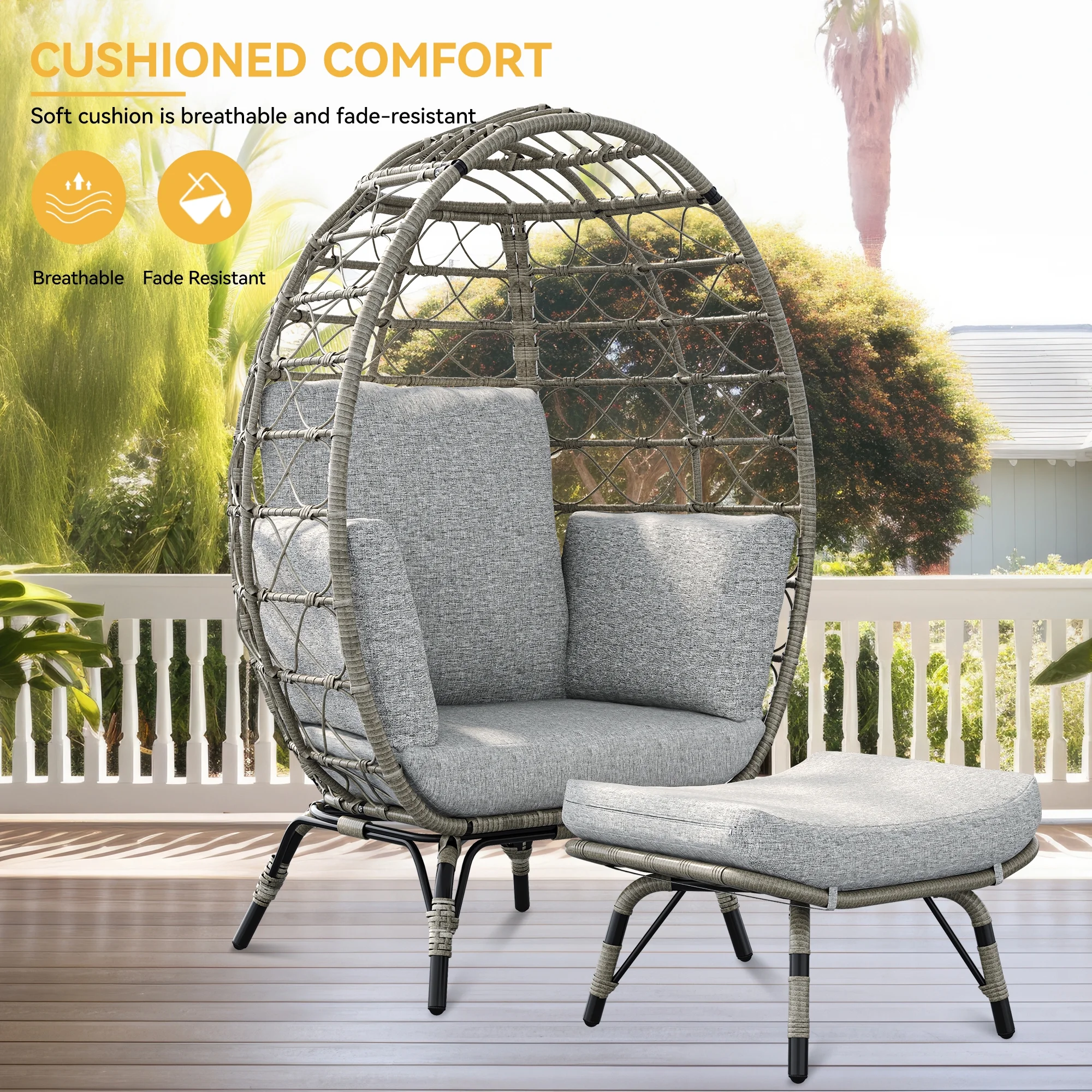 Dextrus Egg Chair with Stand Outdoor Egg Lounge Chair with Cushion Wicker Chair PE Rattan Chair Ottoman Included for Patio, Garden, Backyard, Porch, Gray
