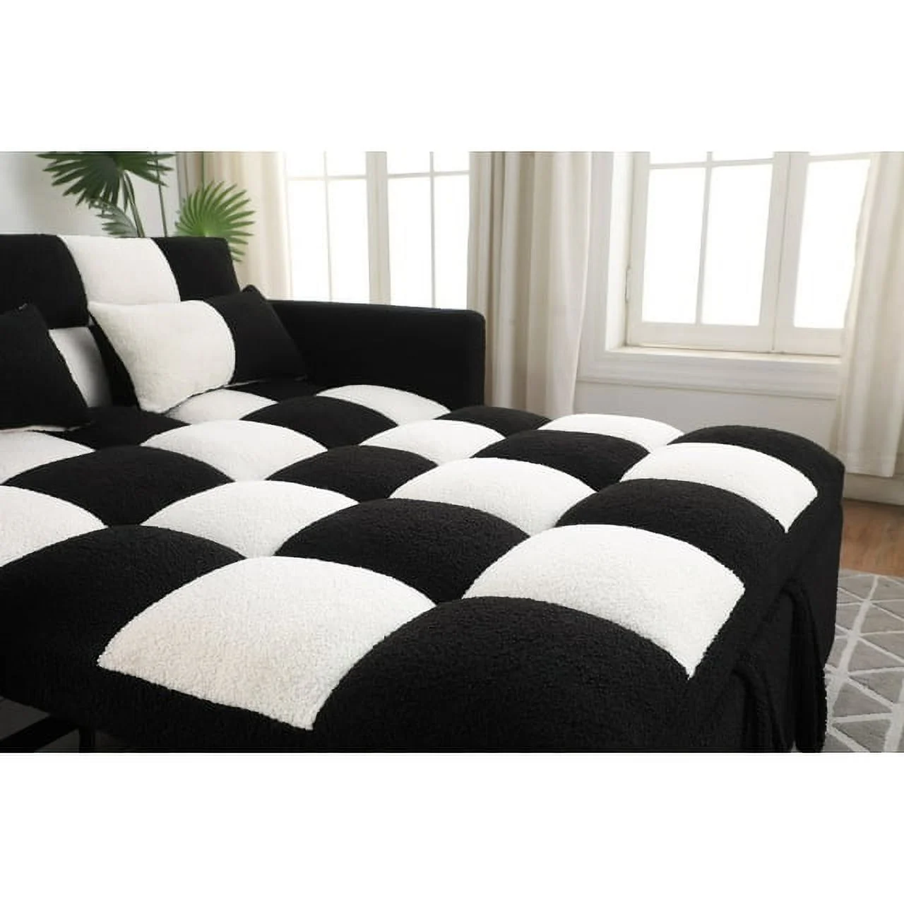 Holaki 45 x 68 Small Teddy Convertible Loveseat, 3 in 1 Sleeper Sofa Couch Bed, Futon Sofa Pull out Bed with Adjustable Backrest, 2 Pillows, Black+White