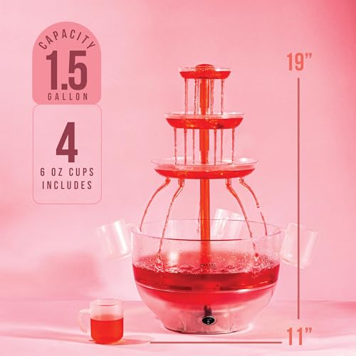Kusini Drink Fountain for Parties - 1.5 Gal, 3 Tier Punch Bowl Champagne Tower, LED Base, 4 Reusable Cups - Drink Tower Machine for Soda, Juice, Mimosa, Pani Puri Fountain for Party Hosting Supplies