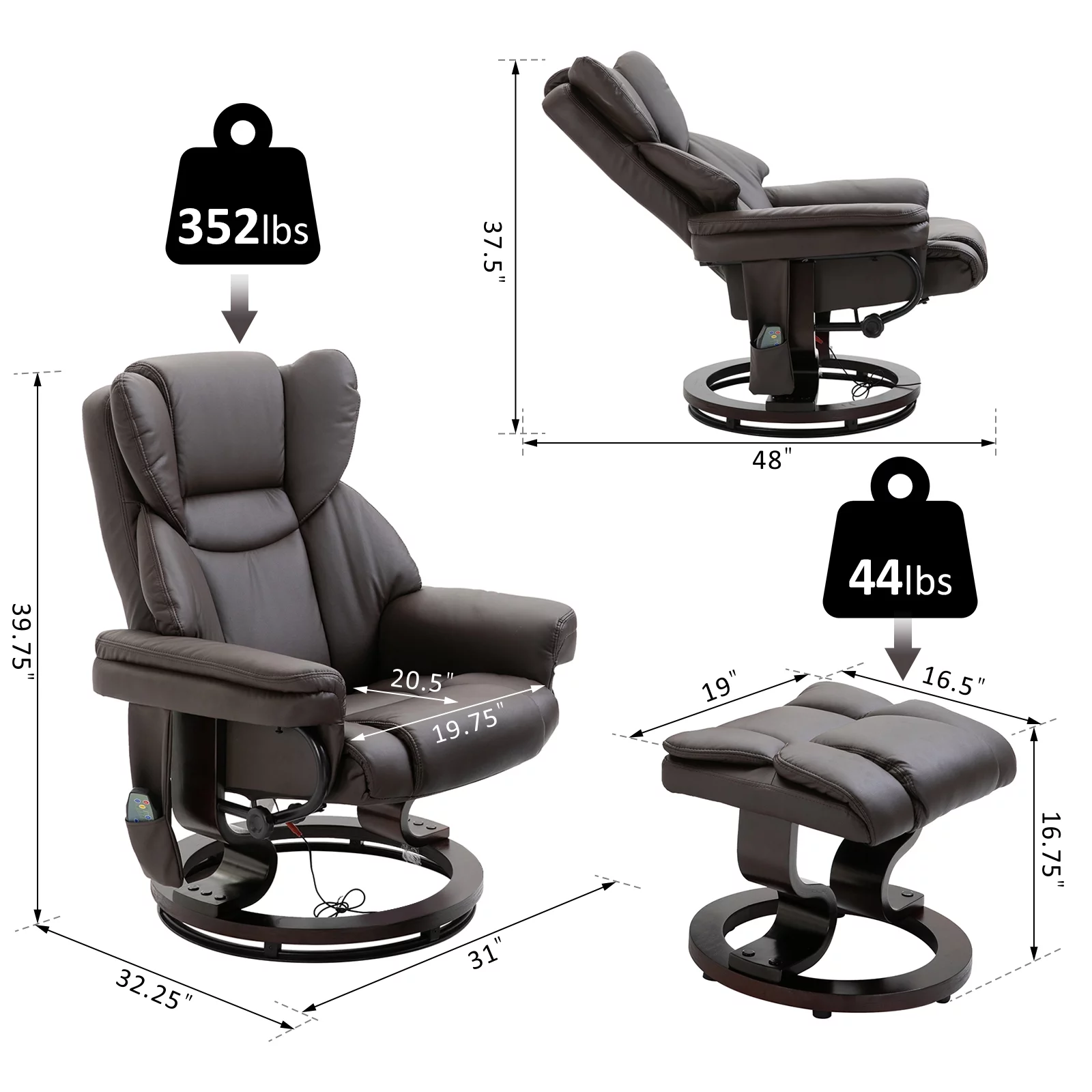 HOMCOM Massage Recliner Chair with Footrest, 10 Vibration Levels, Faux Leather, Brown
