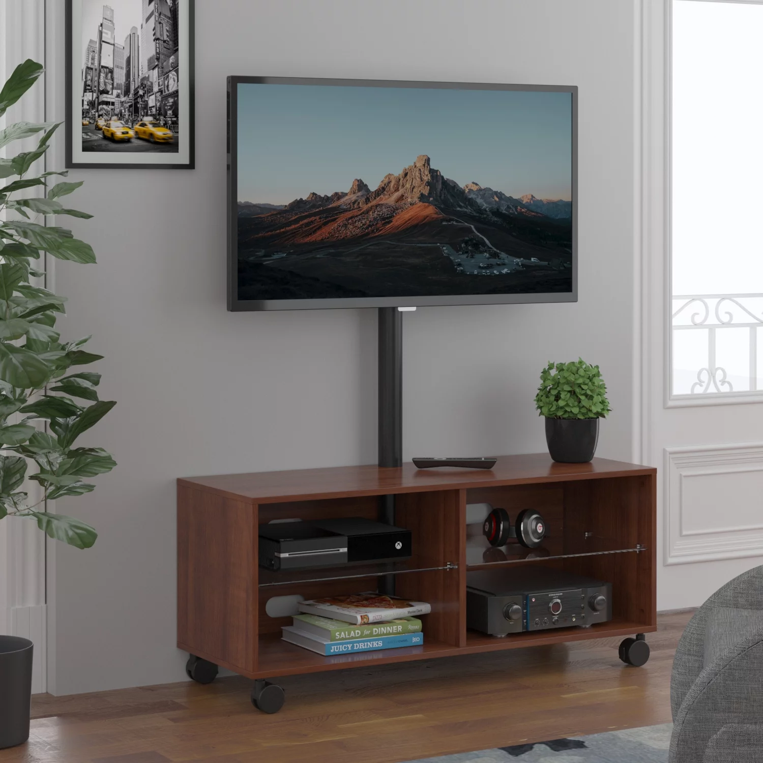 YOMT Wood Storage TV Stand with Mount for TVs up to 65