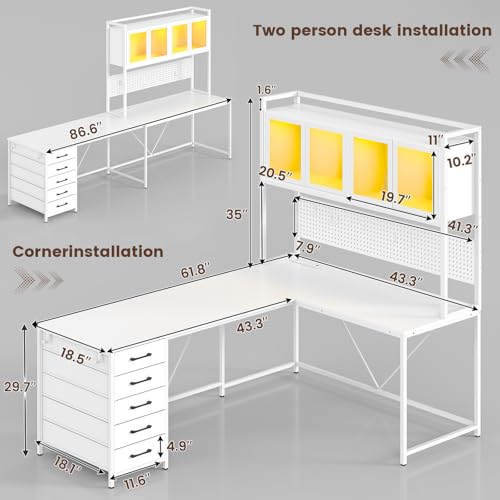 SEDETA L Shaped Gaming Desk with Drawers, L Shaped Computer Desk with Hutch and Storage Shelves, Gaming Desk with Pegboard, Led Lights, and Power Outlet, Home Office Desk, Corner Desk, White