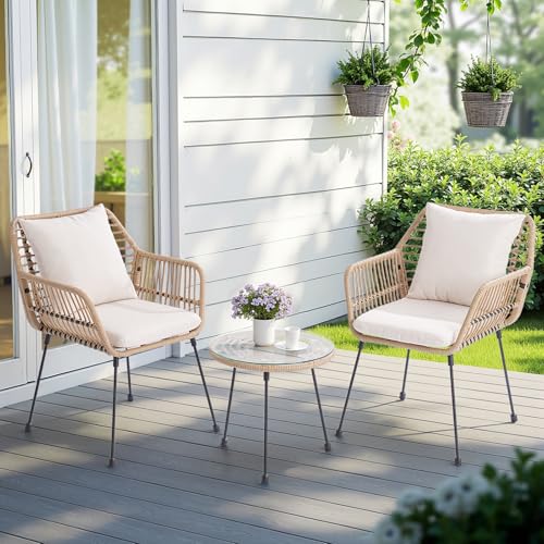 3 Piece Patio Bistro Set, Outdoor Wicker Patio Set for 2, All Weather Bistro Table and Chairs Set of 2, Balcony Furniture with Cushions Pillows for Porch Backyard Lawn Poolside Deck, Beige