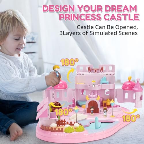 Dream Princess Castle Playset with 4 Magnetic Control Movable Toys, Magnetic Doll House Building Toys with Light & Music for Pretend Play, Gift for Girls Toy Kids Ages 6+（Pink）