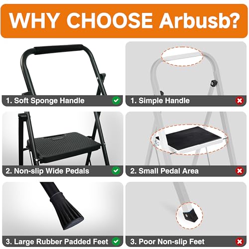 3 Step Ladder, Protable Steel Folding Stool with Wide Anti-Slip Pedal, 500lbs Sturdy Steel Ladder, Black