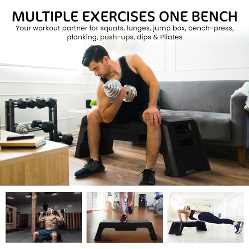 HolaHatha Adjustable Multi-Functional Exercise Bench 440 Pound Capacity Foldable Incline Deck, 8.5 to 14.5 Inch Height, Compact Design,