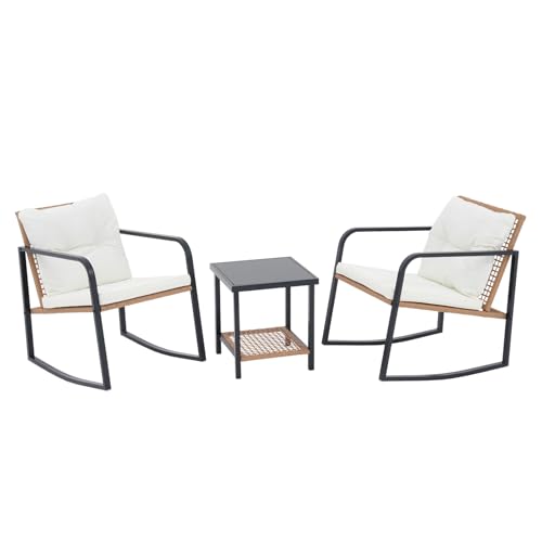 SUNSITT 3 Piece Outdoor Bistro Set, Wicker Patio Rocking Bistro Set w/Weather-Resistant Cushions, Metal Bistro Table & Chairs Set of 2, Woven Rattan Patio Rocking Chairs Set w/Outdoor Coffee Table