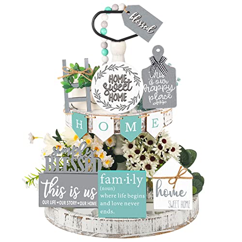 Two Tiered Tray with 11 Pcs Wooden Signs, Farmhouse Tiered Tray Decor Set Rustic Wood Home Kitchen Table Stand Decor Decorative Table Shelf Centerpiece(Autumn Style)
