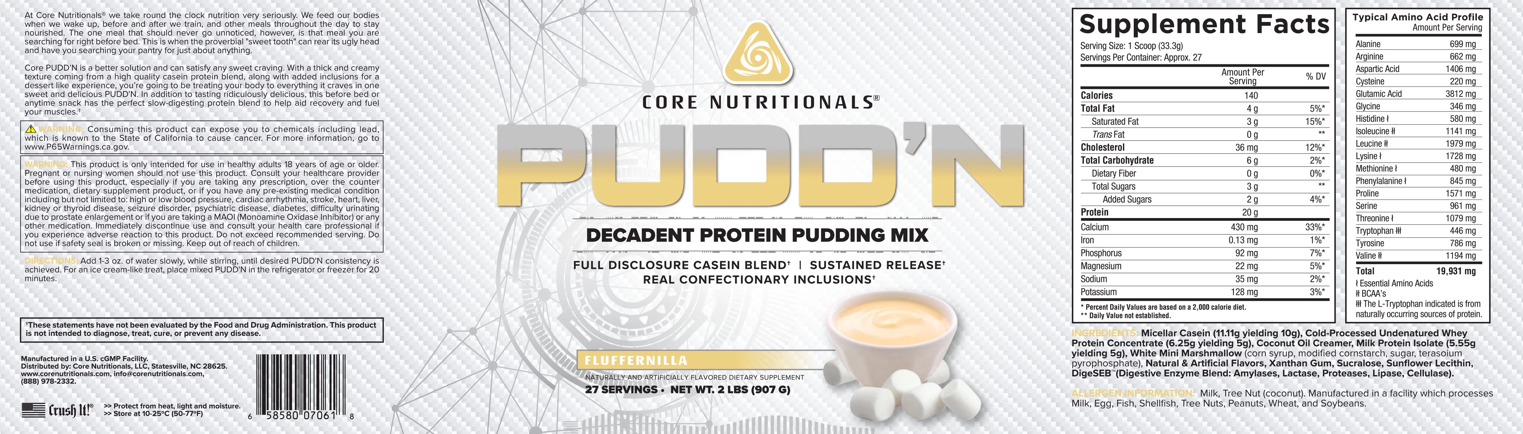 Core Nutritionals Pudd'n, Decadent Protein Pudding Mix, Full Disclosure Casein Blend, Sustained Release, 20G Protein, 27 Servings (Fluffernilla, 2 lb)