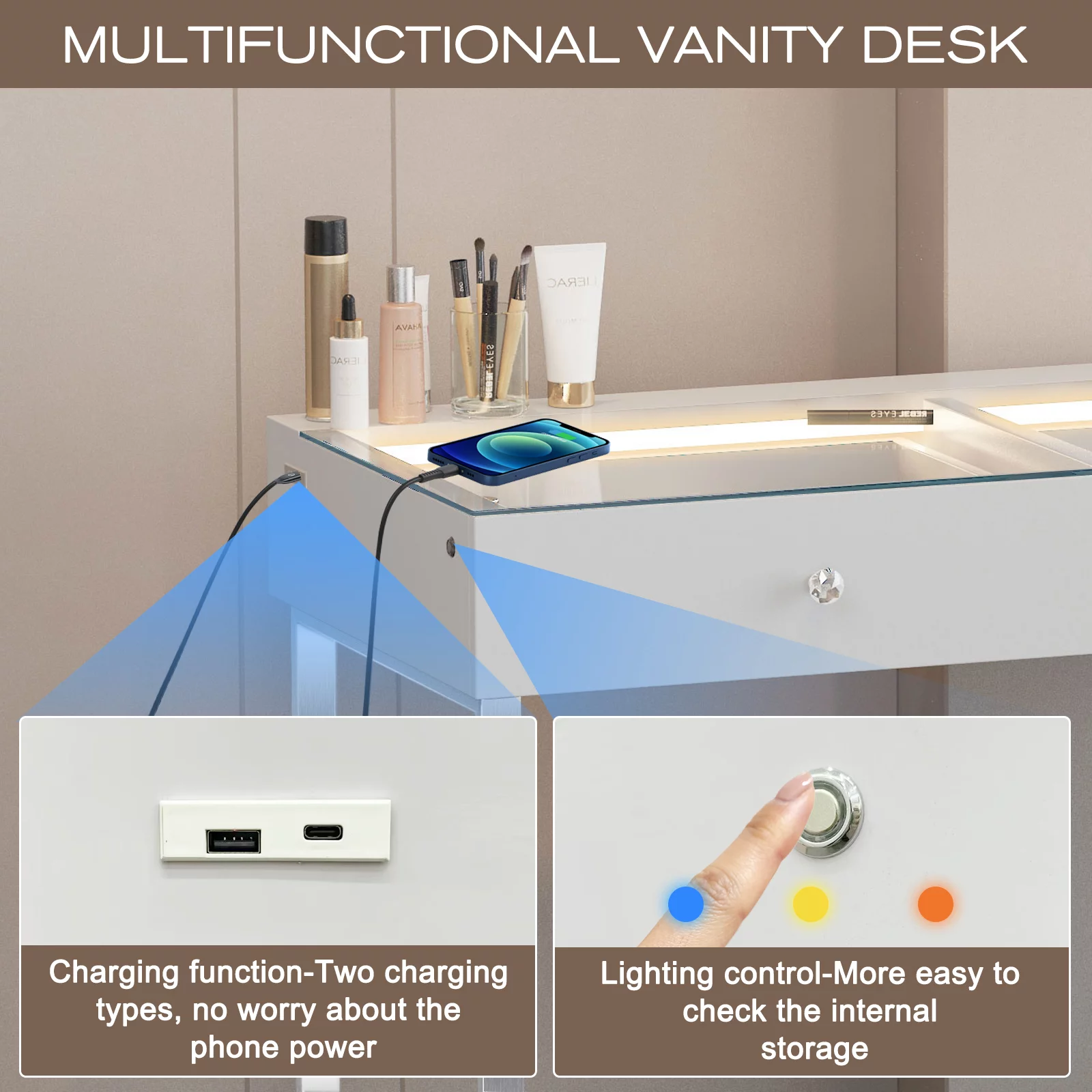 VANITII 2-Drawer  Modern Makeup Vanity Table with Lights Charging Port Vanity Desk Steel, for Bedroom