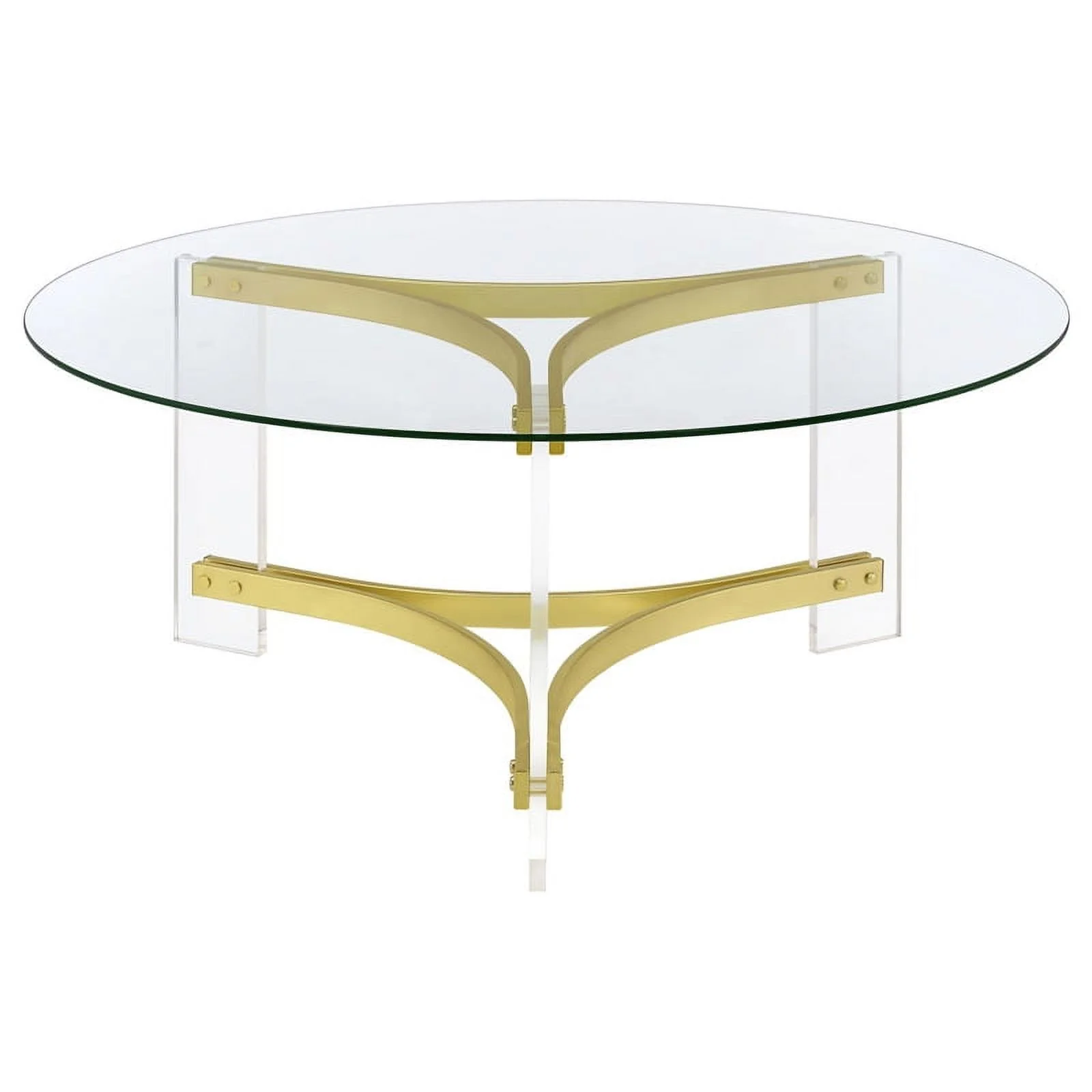 Pemberly Row Round Glass Coffee Table with Acrylic Legs in Clear and Brass