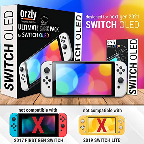 Orzly Accessory Bundle Kit designed for Nintendo switch Accessories Geeks and Oled console users Case and Screen protector, Joycon grips and Wheels for enhanced games play and more - Jet black