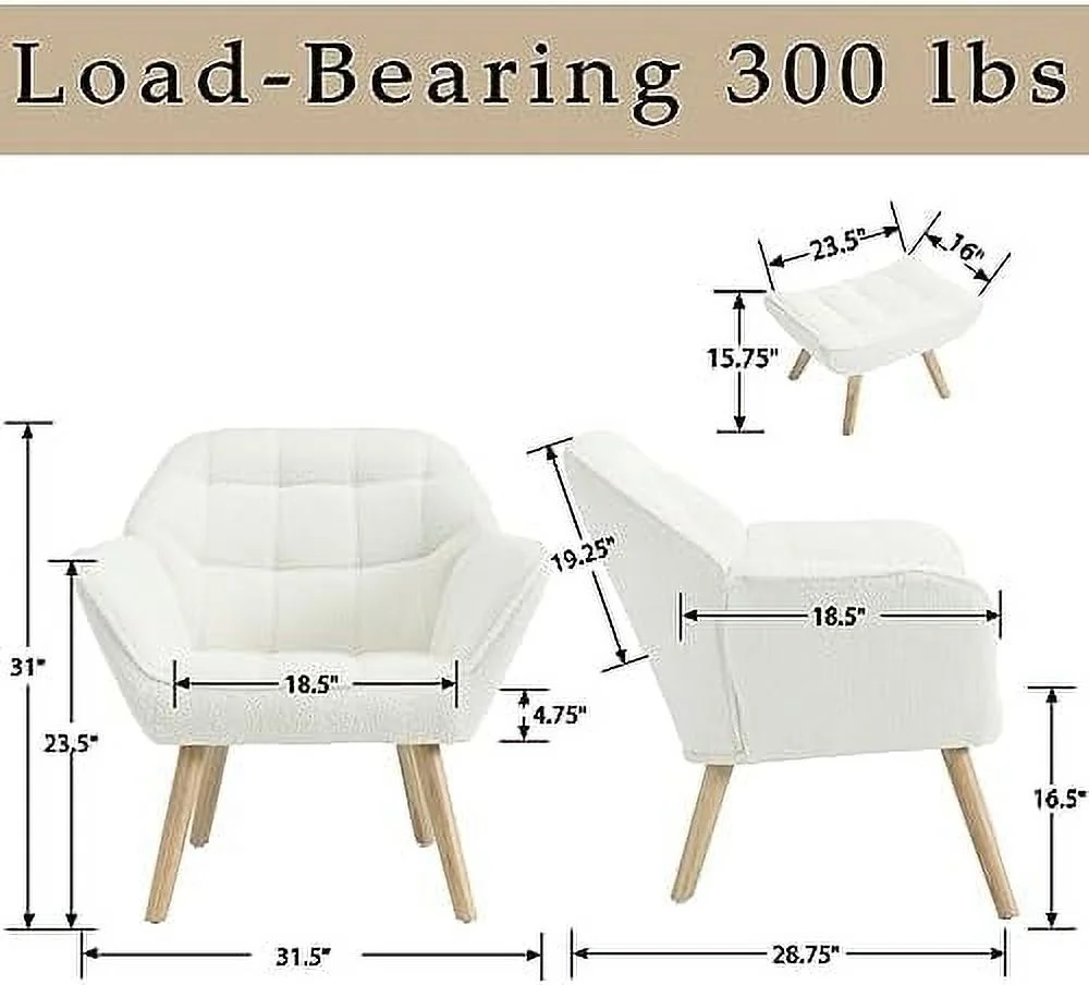 NLIBOOMLife Sherpa Accent Chair with Ottoman  Modern Lounge Chair with Footrest Upholstered Sofa Armchair with Wood Legs Comfy Reading Chair for Small Spaces/Living Room/Bedroom/Apartment