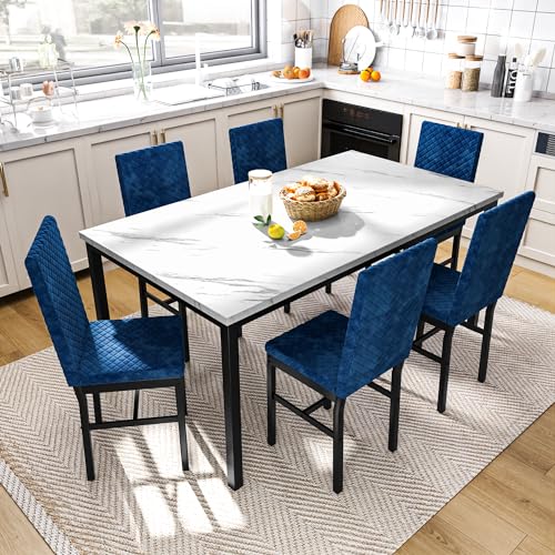 Recaceik Dining Table Set for 6, Faux Marble 7 Piece Dining Table Set with Chairs, Kitchen Table Set with PU Leather Dining Chairs for Small Space & Breakfast Nook, Black