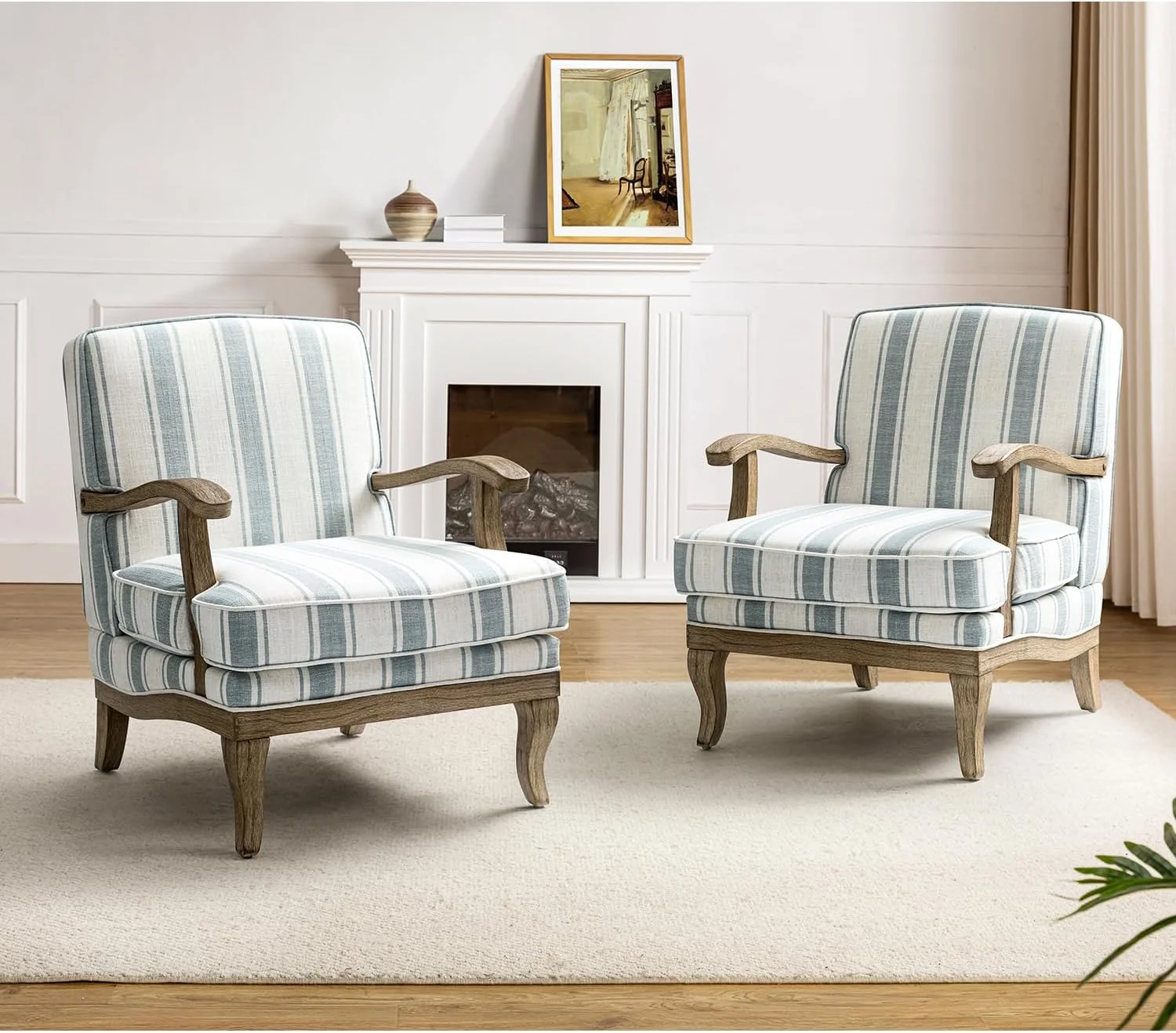 Modern Chair Set Of 2, Upholstered Living Room Accent Chair, Lounge Armchair With Graceful Curves, Farmhouse Chairs With Romantic Stripes, Accent Chair For Bedroom, Blue