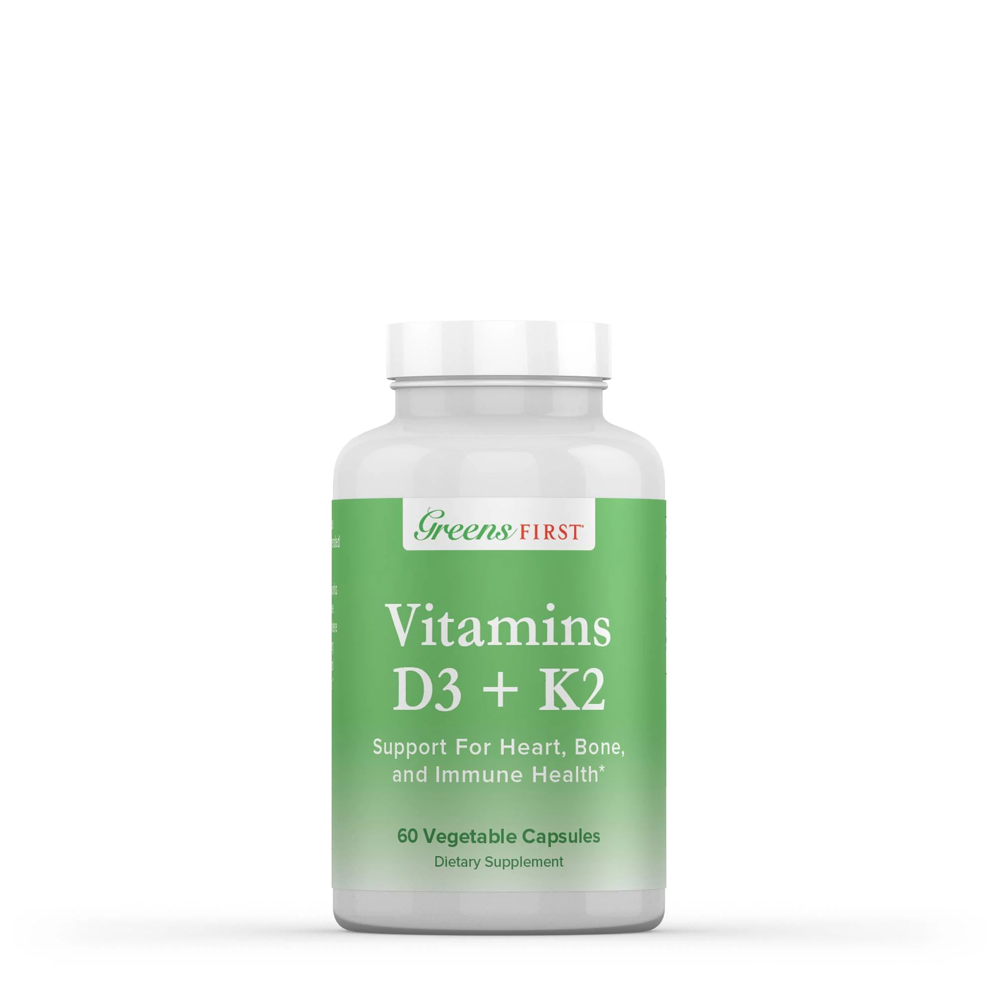 Greens First Vitamins D3+K2 - Support for Heart, Bone, Vascular and Immune Health - Made with Vitamin D3 & Vitamin K2 - 60 Vegetable Capsules