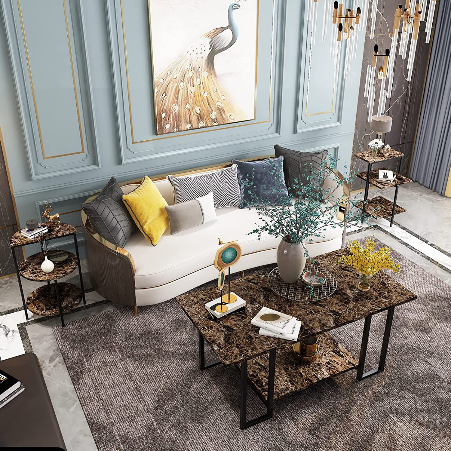 Recaceik Coffee Table Set of 3, Modern 3-Piece Table Set Faux Marble Coffee Table & 2 End Tables Open Shelves with Metal Legs, Living Room Table Sets for Apartment, Small Space