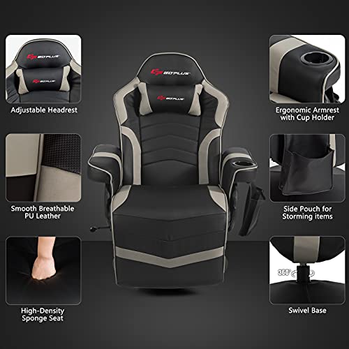 POWERSTONE Gaming Recliner Massage Gaming Chair with Footrest Ergonomic PU Leather Single Sofa with Cup Holder Headrest and Side Pouch, Adjustable Living Room Chair Seating, Black
