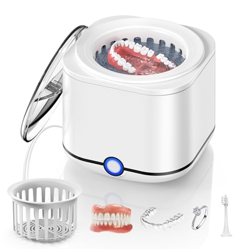 Ultrasonic Retainer Cleaner, 48kHz Retainer Cleaner Machine for Dentures, Mouthguard, Braces, Night Guard, Toothbrush, Jewelry with 7.8OZ Dental Cleaning Pod-Cool White