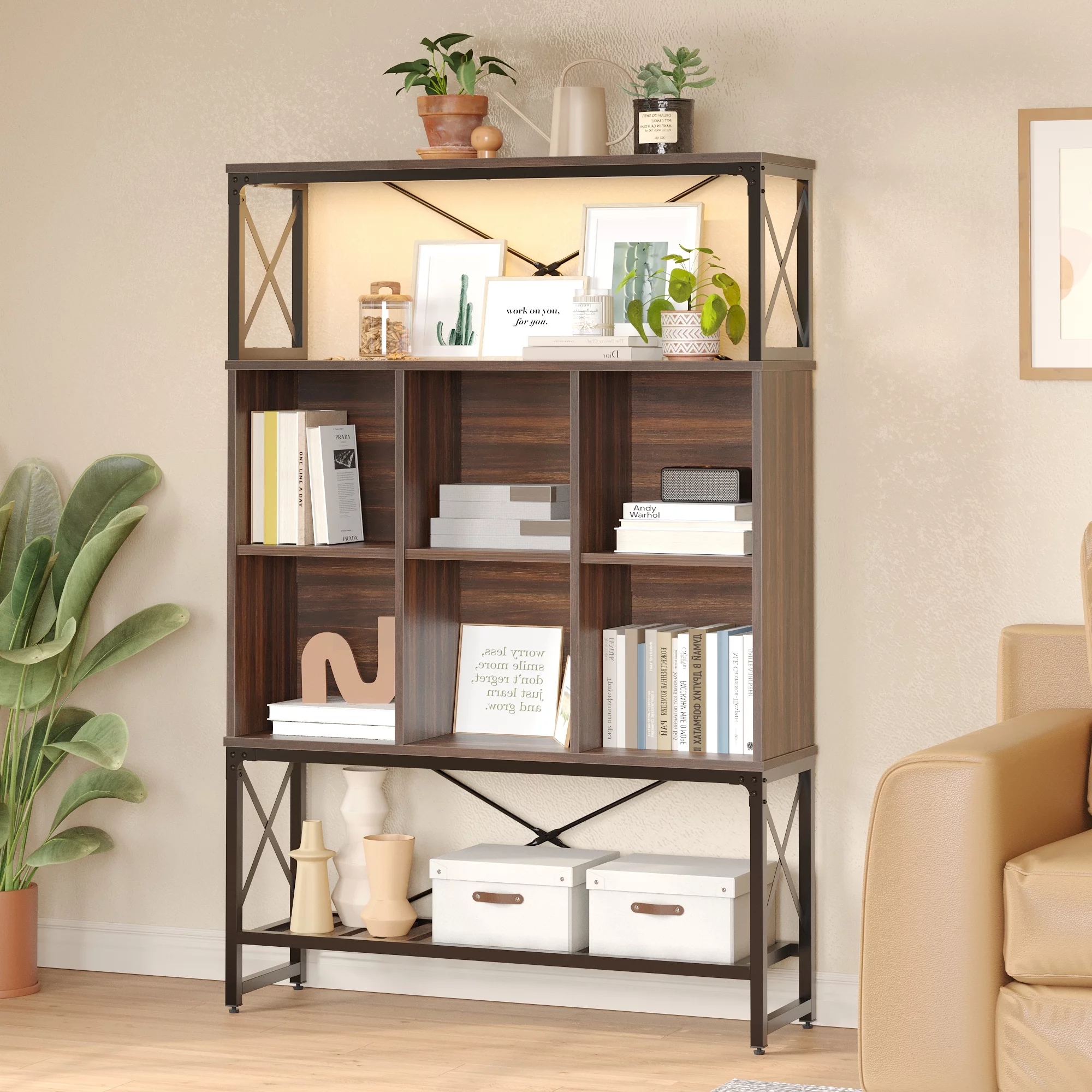 Bestier 5-Shelf Bookcase with LED Light,6 Cubes Bookshelf for Living Room,Walnut