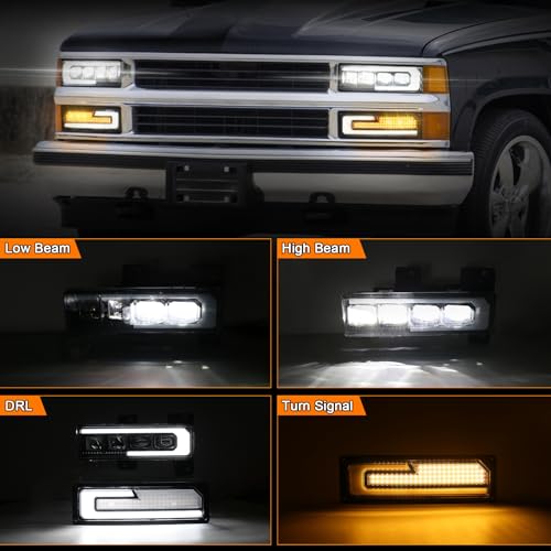 LED Headlight Assembly 500% Bright Anti-glare Headlights with Welcome DRL Turn Signal Compatible with 1988-1998 Chevy GMC C/K 1500 2500 3500 Suburban Silverado Tahoe Yukon