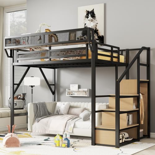 Full Size Loft Bed with Desk and Stairs, Heavy-Duty Steel Loft Bed Frame with Wardrobe & LED Light, Metal Beds Frame with L Shaped Desk and USB for Kids Teens Adults, Black