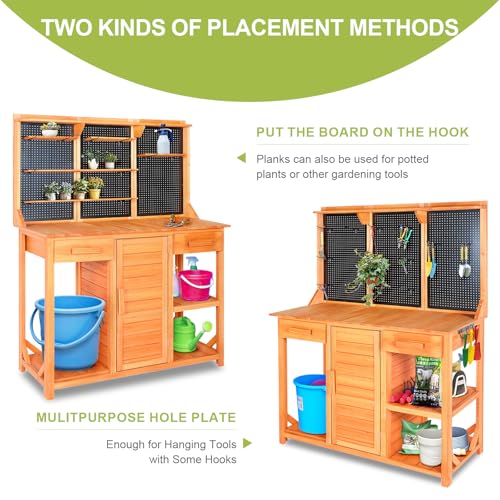 Outdoor Garden Potting Bench, Horticultural Wooden Workstation Table with Storage Drawer, Cabinet, Metal Pegboard, Adjustable Hooks and Shelves for Backyard, Patio, Greenhouse
