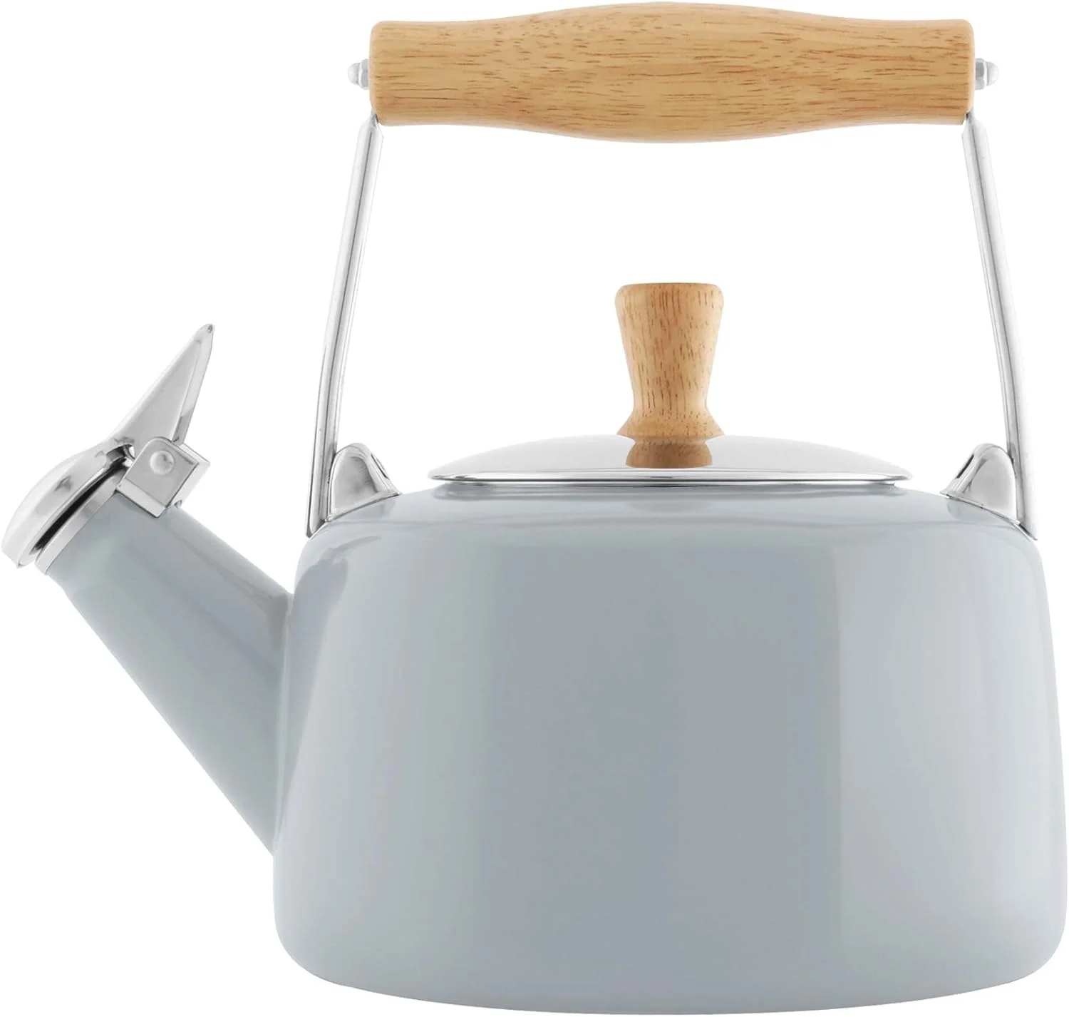 SVEN Enamel On Steel Whistling Teakettle With Natural Wood Handle, 1.4 Quarts (Fog Grey)