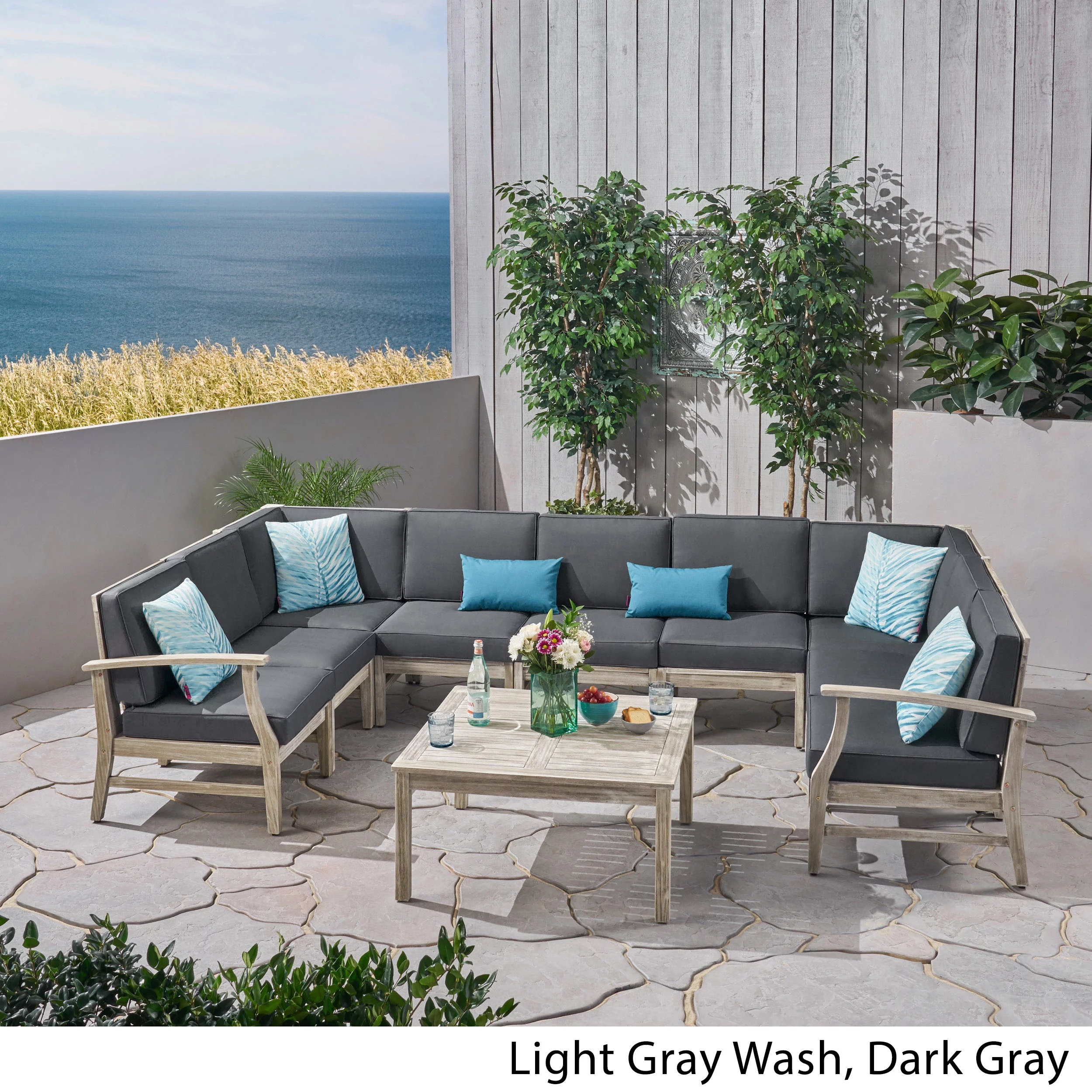 GDF Studio Judith Outdoor Acacia Wood Sofa Sectional Set, Light Gray